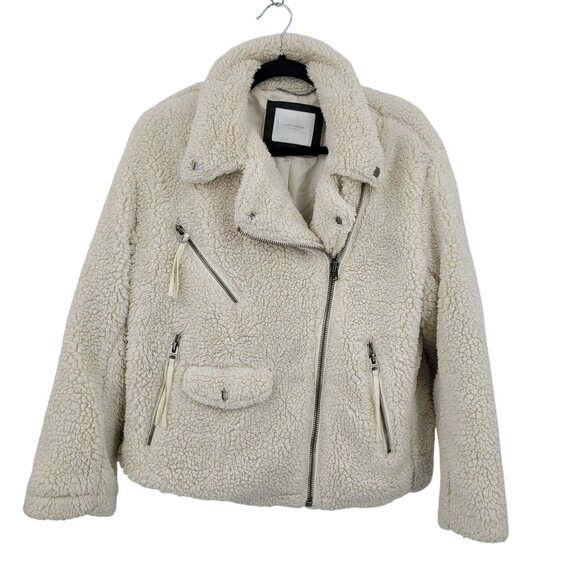 Lucky Brand Ivory Vegan Faux Shearling Sherpa Moto Jacket Womens Sz L Teddy Bear - Picture 2 of 12